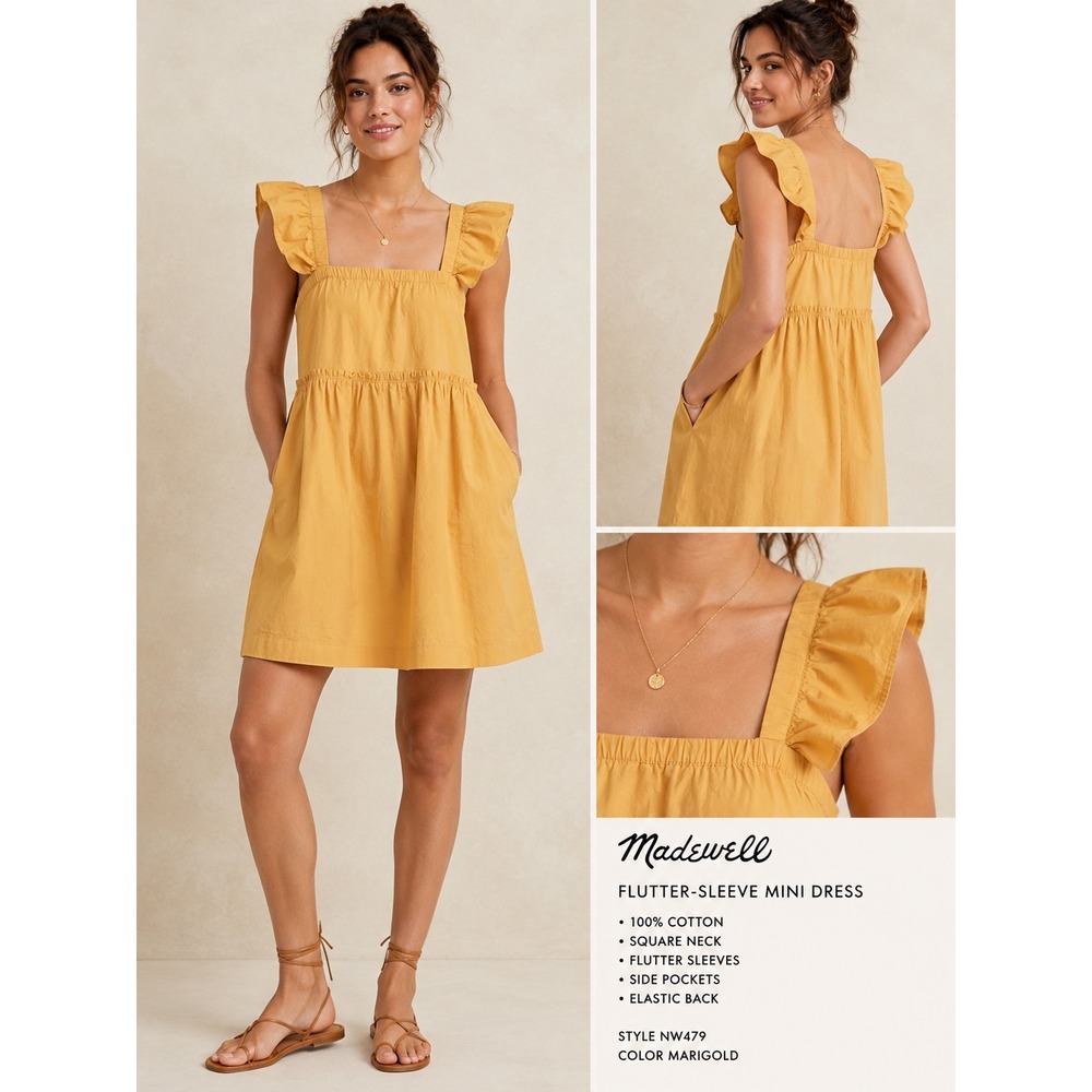 NWT‎ Madewell Flutter-Sleeve Mini Dress Marigold Yellow Cotton Womens Size S